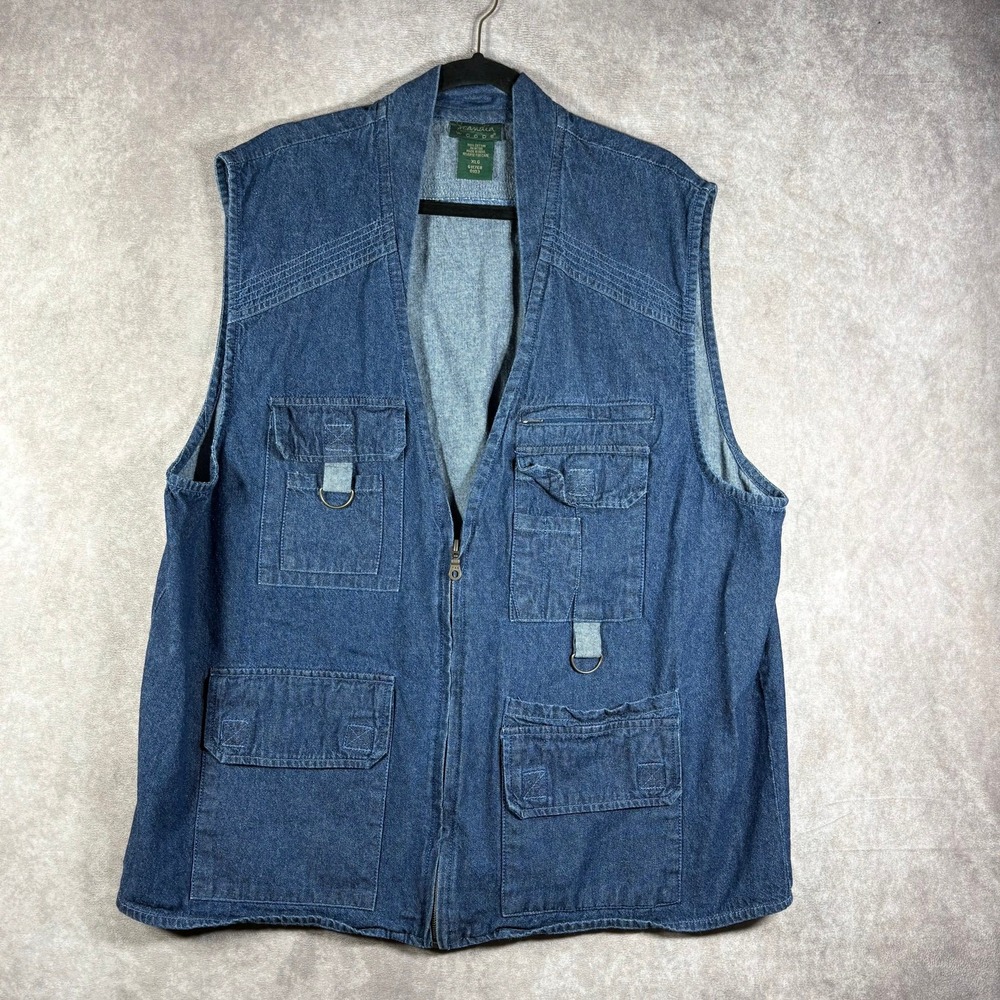 Vintage Scandia Woods Denim Explore Utility Safari Vest Mens‎ XL Blue Pockets